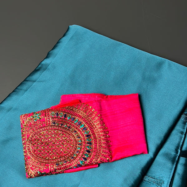 Satin Peacock Blue X Pink Saree