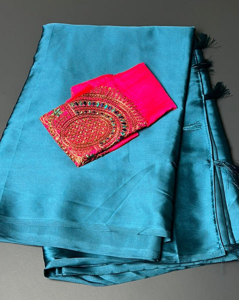 Satin Peacock Blue X Pink Saree