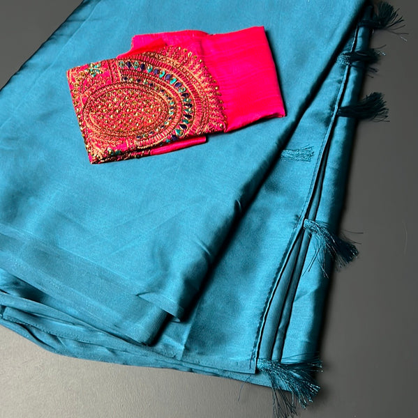 Satin Peacock Blue X Pink Saree