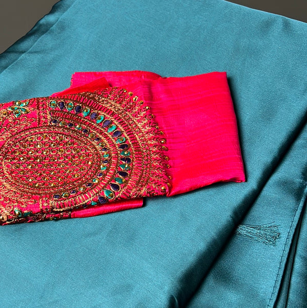 Satin Peacock Blue X Pink Saree