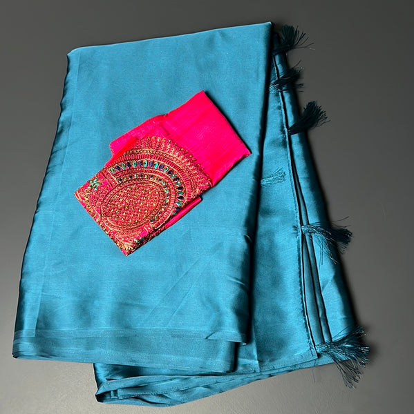 Satin Peacock Blue X Pink Saree