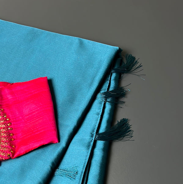 Satin Peacock Blue X Pink Saree