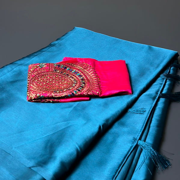 Satin Peacock Blue X Pink Saree