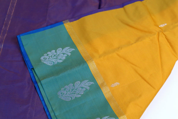 Sandalwood Yellow x Green Contrast Soft Cotton Saree