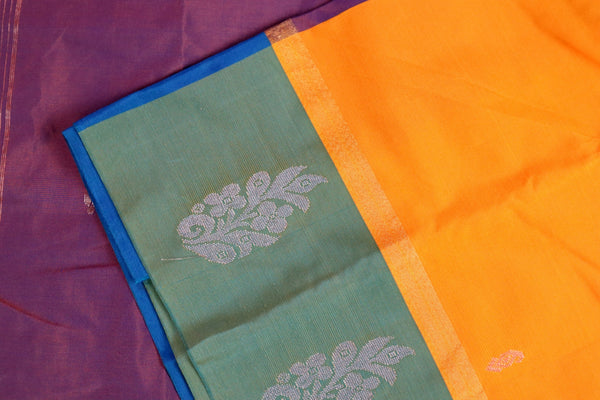 Sandalwood Yellow x Green Contrast Soft Cotton Saree