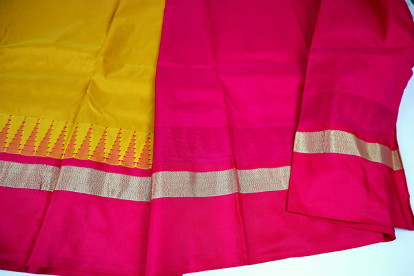 Ochre Yellow x Pink Border Cotton Silk Saree