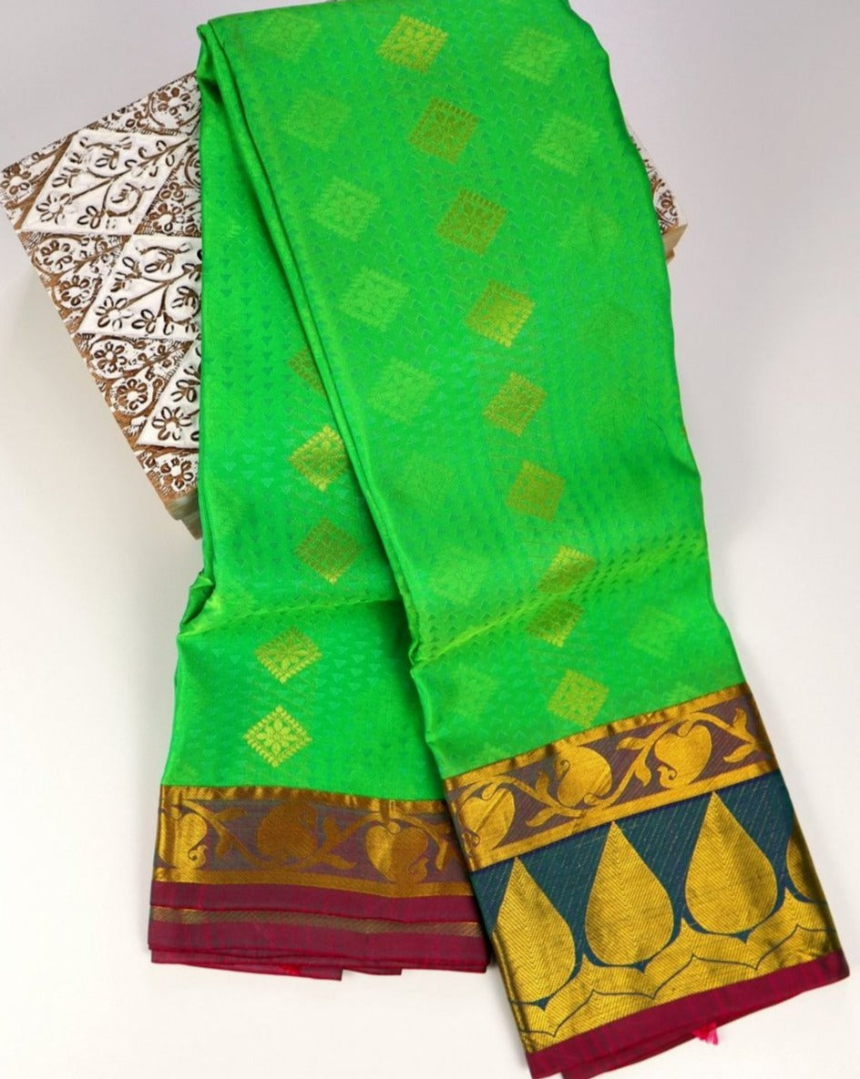 Lime Green x Contrast Purple Silk Saree