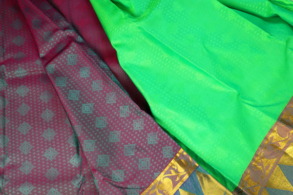 Lime Green x Contrast Purple Silk Saree