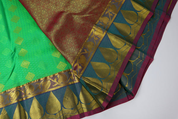 Lime Green x Contrast Purple Silk Saree