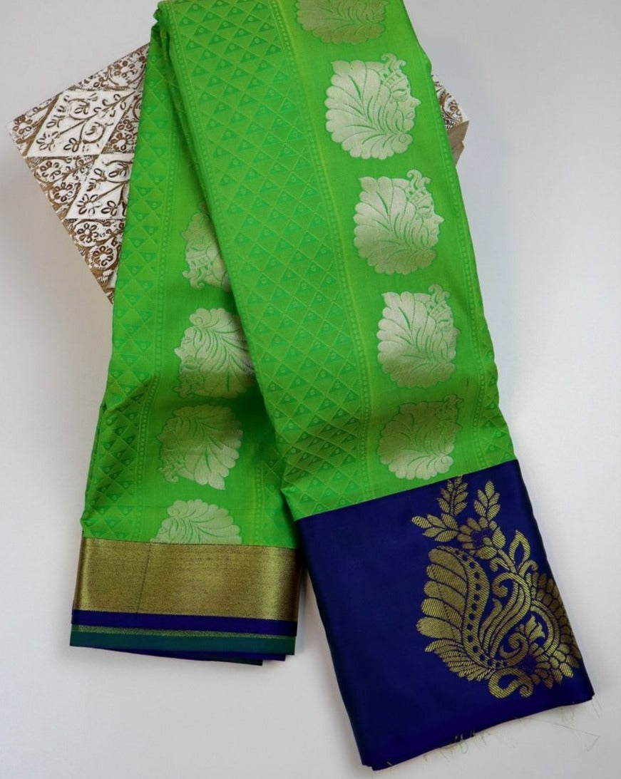 Lime Green x Oxford Blue Silk Saree