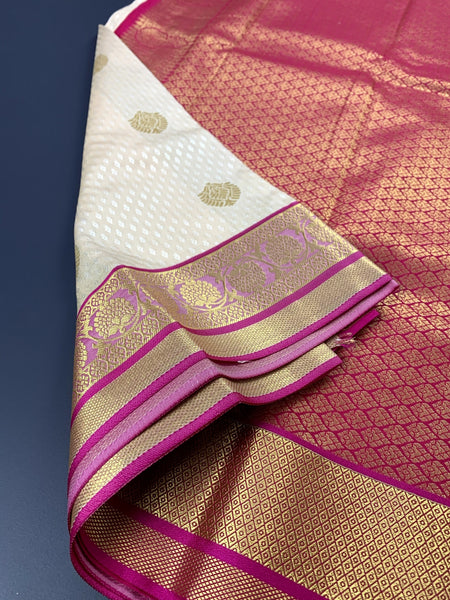 Pearl White x Pink Soft Silk Saree