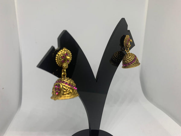 Pink Stone Peacock Gold Oxidized Jhumka