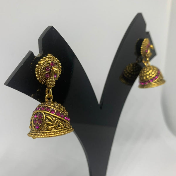 Pink Stone Peacock Gold Oxidized Jhumka