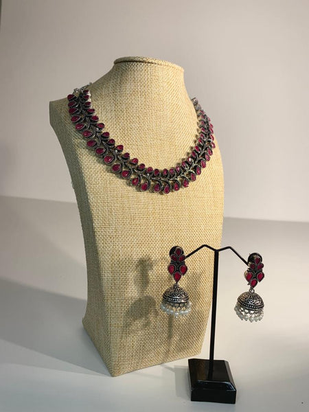 Pink Stoned Oxidized Necklace Set