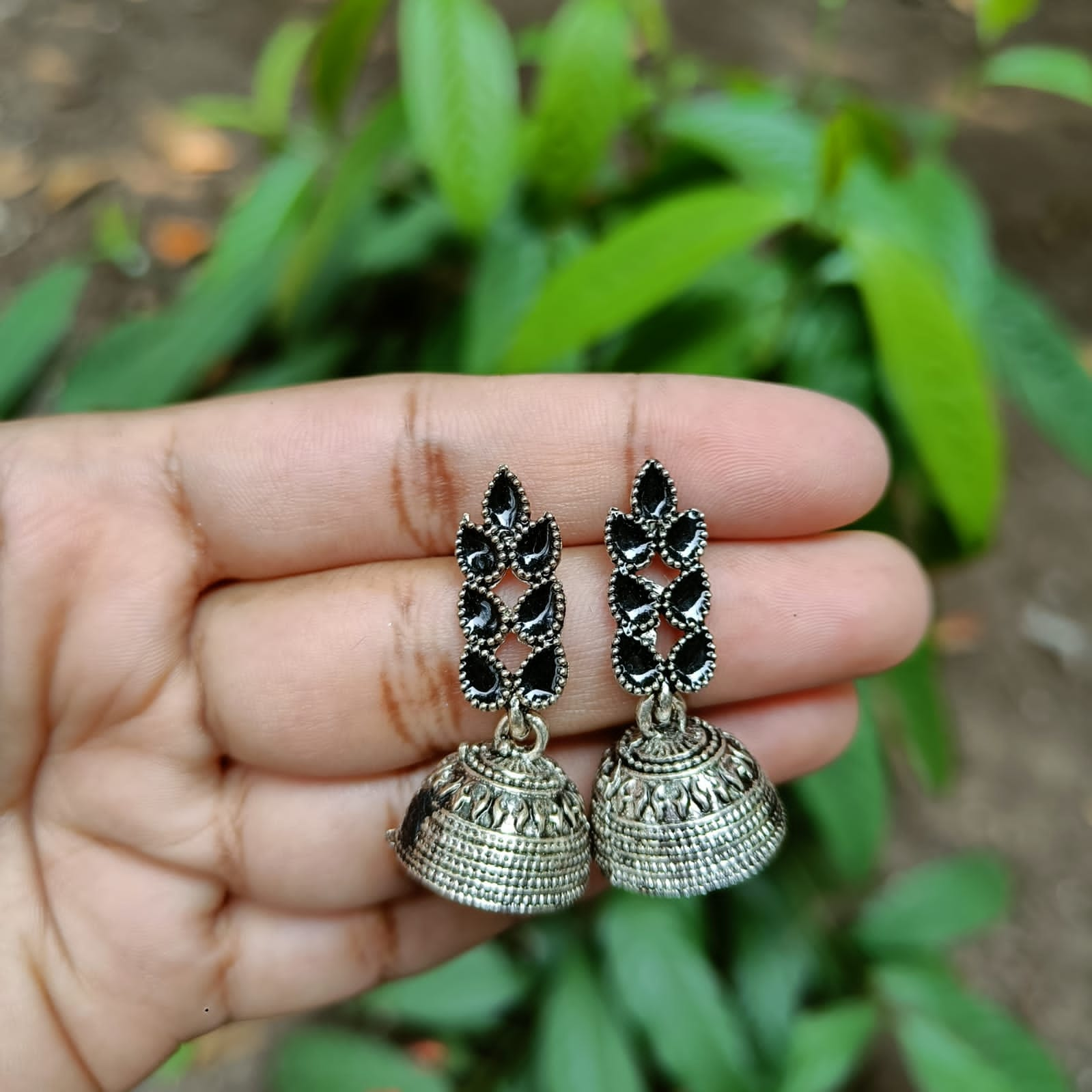 Black Petal Branch Oxidized Jhumkas