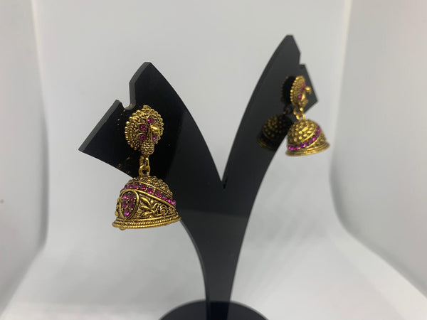 Pink Stone Peacock Gold Oxidized Jhumka