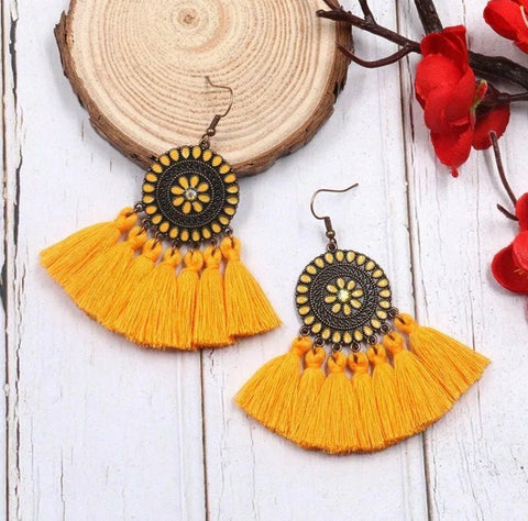 Sunflower Drop Tassel Earring - Yellow